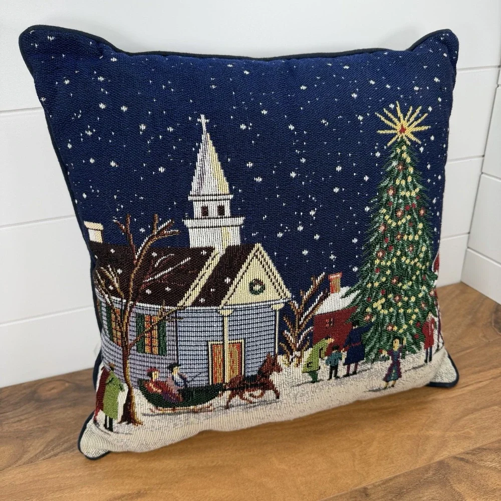 Christmas Pillow Holiday Church Street Scene Sleigh VTG Cottagecore Tapestry